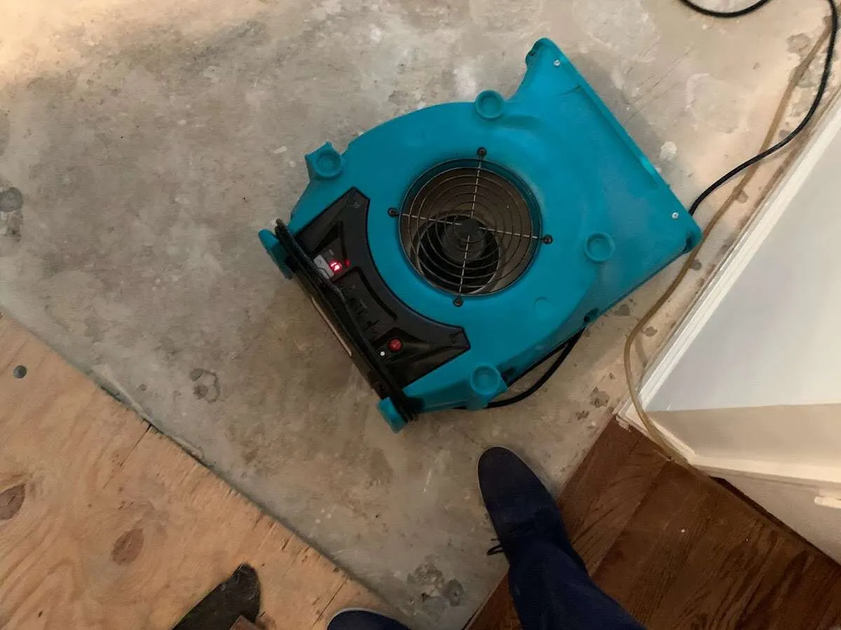 Air mover drying subfloor during Commercial Water Damage Restoration in Lakeside